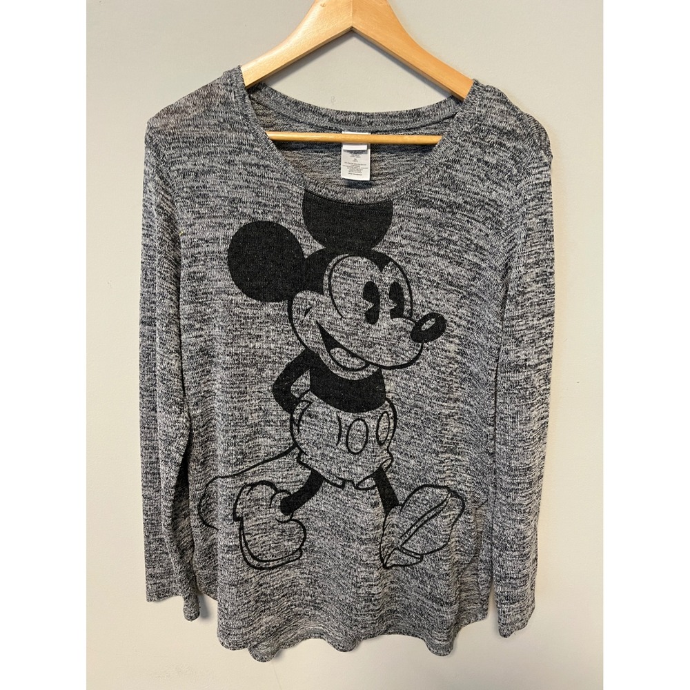 Disney Mickey Mouse Shirt Juniors XL Grey Pre-owned Graphic Marled Long Sleeve